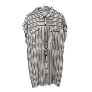 Linen Blend Dress  XXXL Pockete Button-Down Striped‎ Beach Coastal  Boho